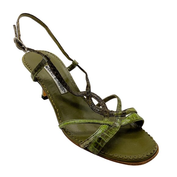 Manolo Blahnik Olive Snakeskin Sandals
